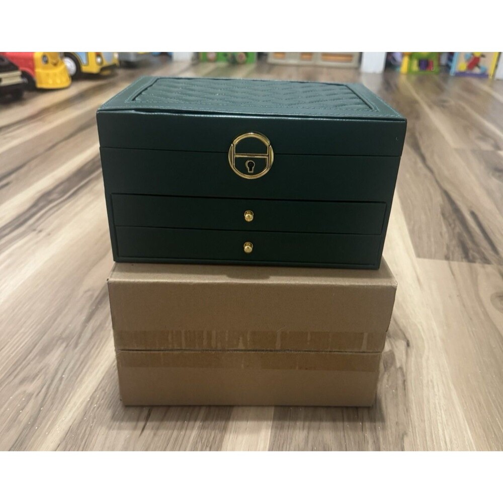 Green Faux Leather Jewelry Box Organizer, Lined, 2 Drawers, Women